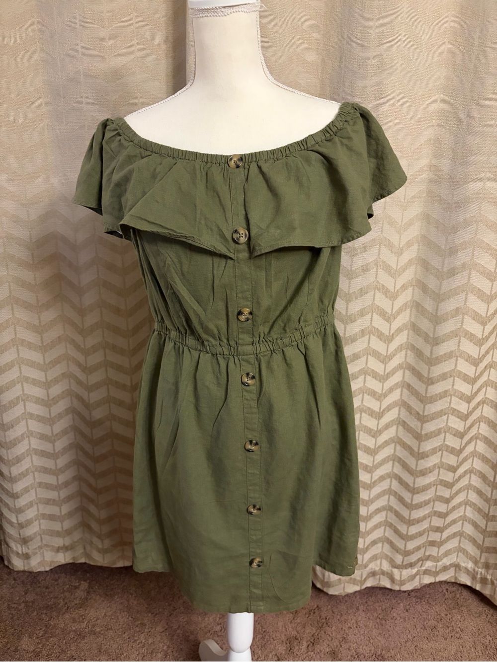 Guess Off-Shoulder Olive Green Button-Front Women’s Dress Size L